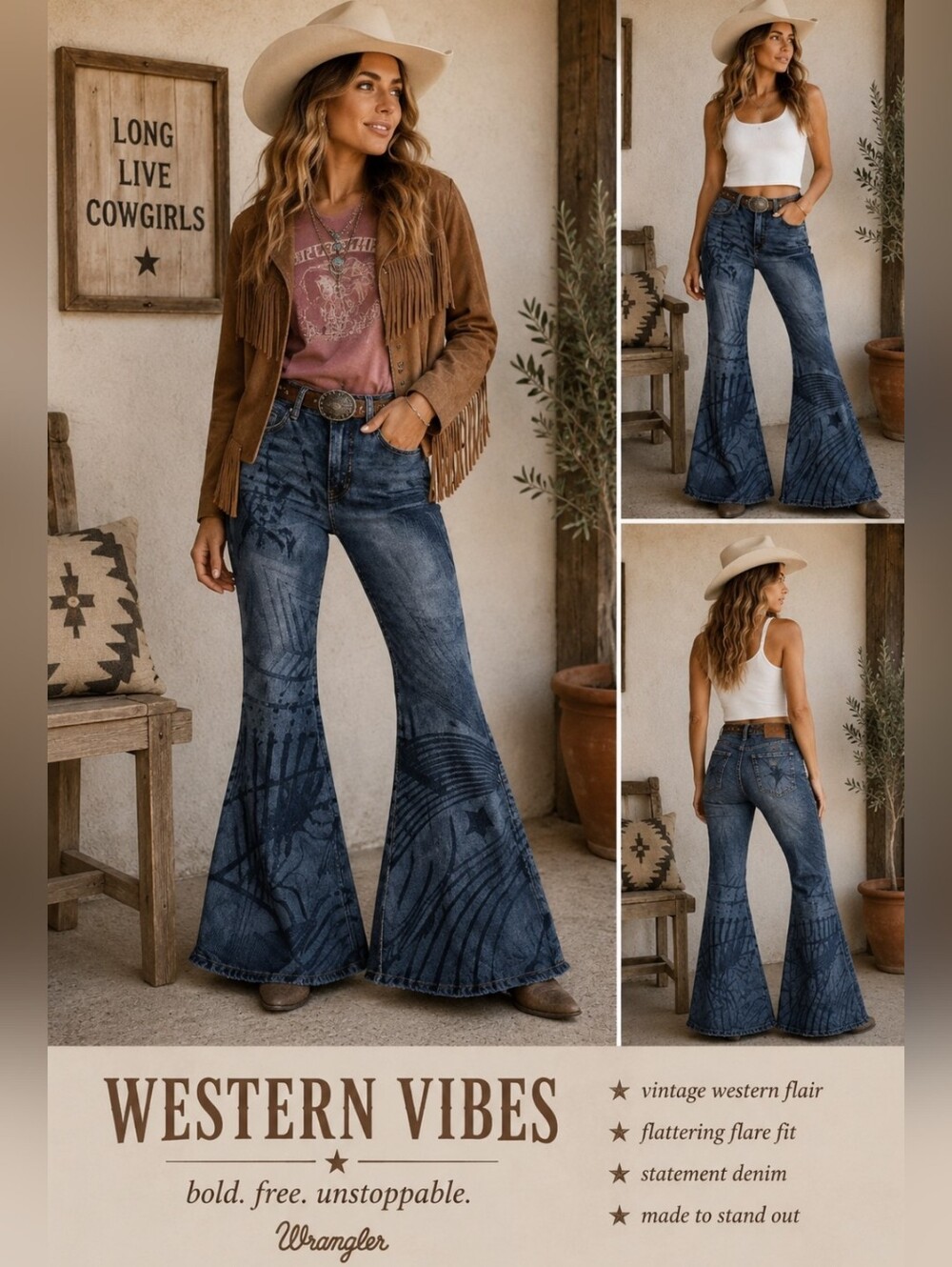 Wrangler x Lainey Wilson Bell Bottom Jeans Size 26x32 Western Graphic Flare-NWT